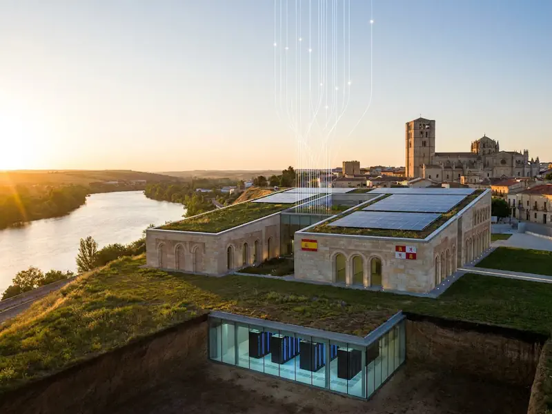 Vista del CPD Muralla de Zamora: centro de datos soberano ubicado en un edificio histórico del casco antiguo, con climatización geotérmica y fibra óptica redundante